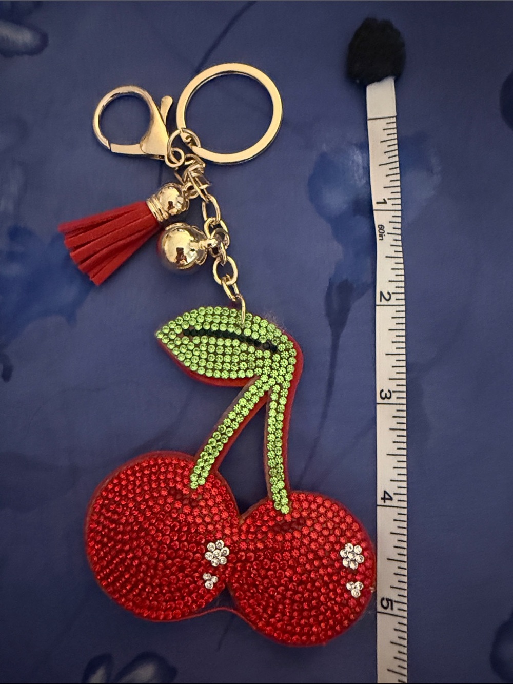 Red Cherry Crystal Keychain with Green Leaves - Unbranded
